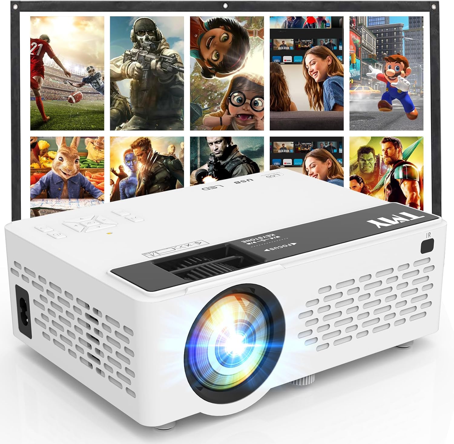 White mini projector with scenes from movies and games in the background.